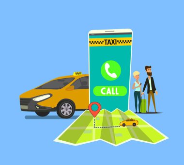 Kamu taksi mobil uygulama konsepti. Ekranda taksi uygulaması ile akıllı telefon tutuşuyor. Şehir taksi hizmeti. Düz vektör çizimi.
