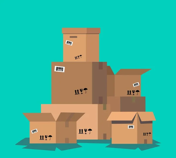 Conjunto de cajas de cartón de pila. Embalaje de entrega de cartón caja abierta y cerrada con signos frágiles . — Vector de stock