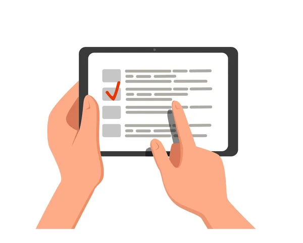 Bilgisayar tablet ekranında kontrol listesi ile. Online formu anket, tablet gösteren uzun test sınavı kağıt sayfası belge, online anket sonuçları ile.