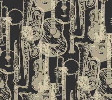 Musical instruments pattern of acoustic guitar and violin with bow,rumpet. background