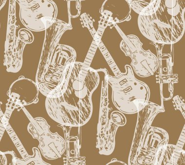 Musical instruments pattern of acoustic guitar and violin with bow,rumpet. background