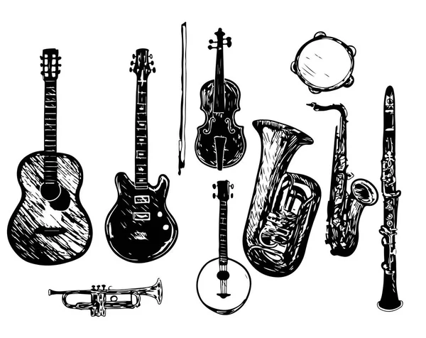 A coleção de instrumentos musicais. Instrumentos musicais estilizados. Preparado. Piano. Violino. Tambor. Arte de linha. Desenho preto e branco à mão. Doodle... . — Vetor de Stock