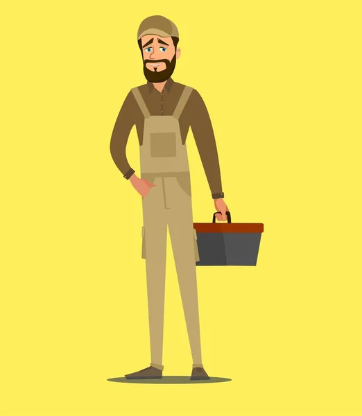 Character repairman or mechanic with a toolbox. Vector illustration in cartoo — Stok Vektör