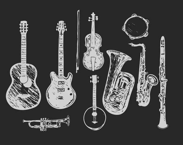 The collection of musical instruments. Stylized musical instruments. Set. Piano. Violin. Drum. Line art. Black and white drawing by hand. Doodle. — 스톡 벡터