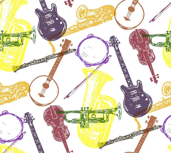 Instruments de musique motif sans couture vectoriel de harpe d'orchestre, contrebasse et piano, maracas, saxophone et gramophone, cymbales sur tambour jembé ethnique, trompette jazz, guitare acoustique et violon — Image vectorielle