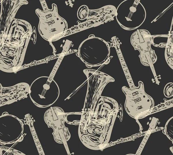 Instruments de musique motif de guitare acoustique et violon avec archet, rumpet. contexte — Image vectorielle