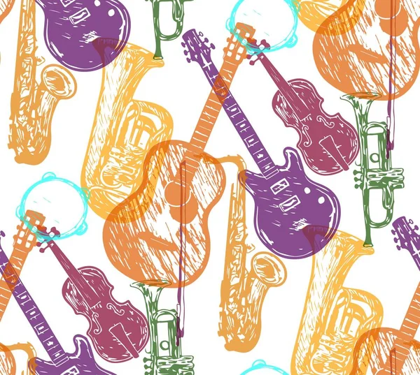 Musical instruments vector seamless pattern of orchestra harp, contrabass and piano, maracas, saxophone and gramophone, cymbals on ethnic jembe drums, jazz trumpet, acoustic guitar and violin — Stock Vector