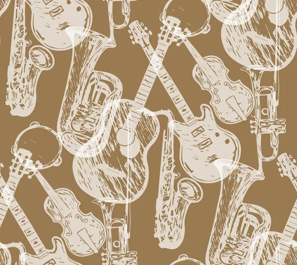 Instruments de musique motif de guitare acoustique et violon avec archet, rumpet. contexte — Image vectorielle