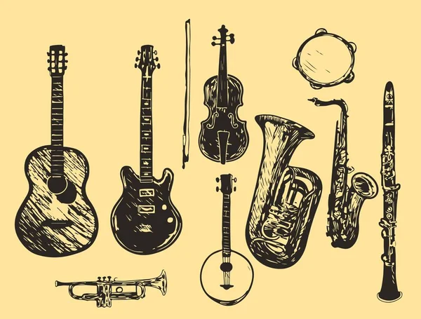 The collection of musical instruments. Stylized musical instruments. Set. Piano. Violin. Drum. Line art. Black and white drawing by hand. Doodle. — Stock vektor
