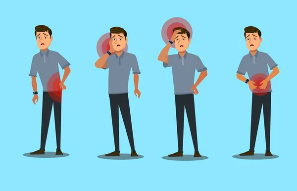 Body parts pain. Back pain, stomach pain, toothache,headache, migraine.