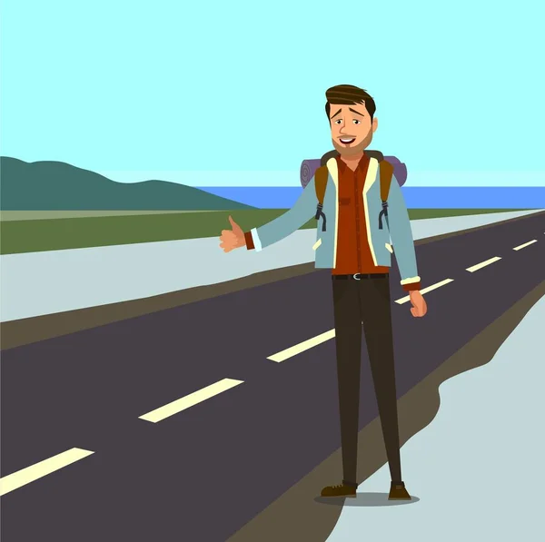 Vector. Hitchwalking road travel concept. Vectorillustratie — Stockvector