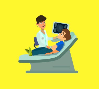 Ultrasound screening. Young female doctor scanning of a stomach of the child. Vector illustration flat cartoon. Vector illustration.