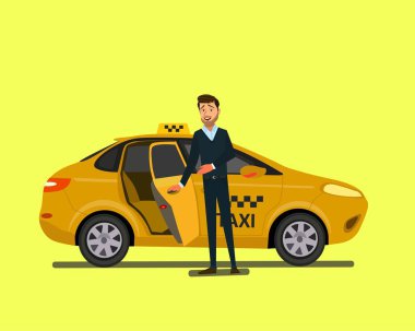 Smiling young taxi driver near his car.Taxi service. Vector illustration
