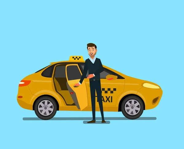 Lachende jonge taxichauffeur in de buurt van zijn auto. Vectorillustratie — Stockvector