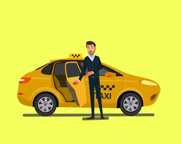 Lachende jonge taxichauffeur in de buurt van zijn auto. Vectorillustratie — Stockvector