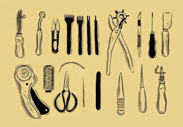 Leather craft tools on a wooden background Royalty Free Stock Vectors