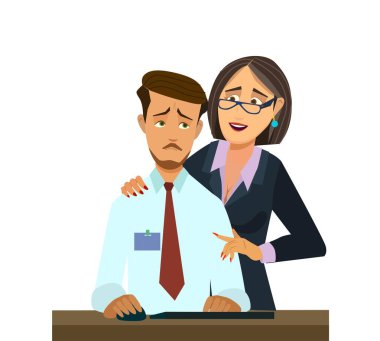 woman harassing a worker. sexual harassment at work, office woman and her lustful boss, Vector illustration in cartoon style, clipart