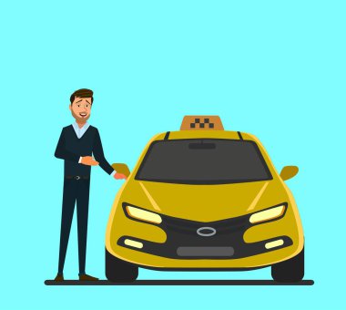 Portrait of happy chinese taxi driver in yellow car