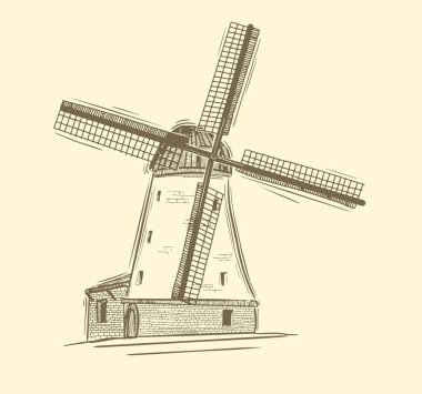Still life with bread and windmill.Old wooden windmill, sketch. Agriculture, farming, bakery logo or label. Vintage vector illustration