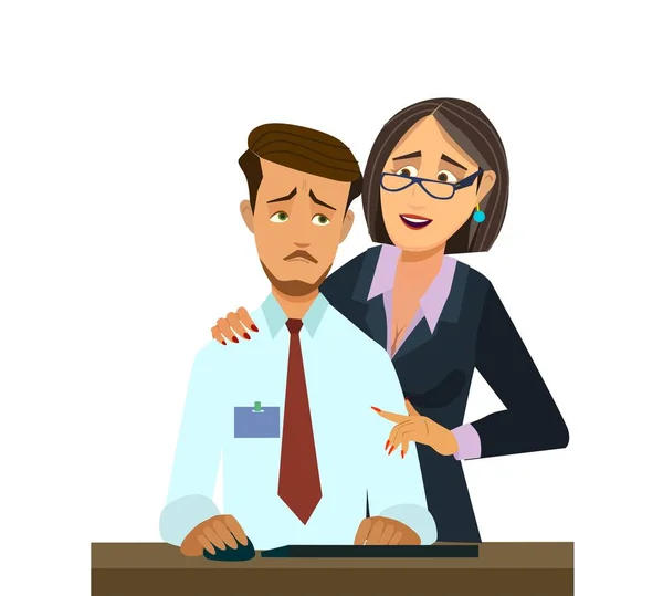 Woman harassing a worker. sexual harassment at work, office woman and her lustful boss, Vector illustration in cartoon style, — Stok Vektör