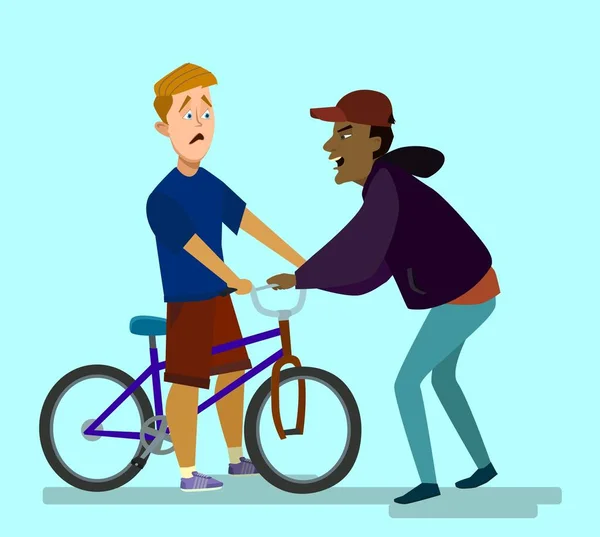 Bully prend le vélo d'un adolescent. Illustration vectorielle  . — Image vectorielle