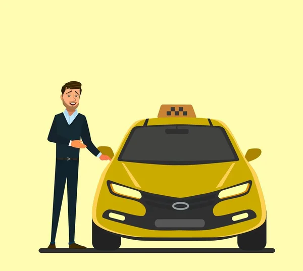 Портрет счастливого водителя такси в желтой машине — стоковый вектор