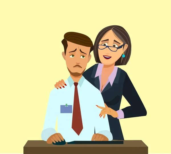 Žena obtěžující dělníka. sexuální obtěžování v práci, kancelářská žena a její chlípný šéf, Vektorové ilustrace v kresleném stylu, — Stockový vektor