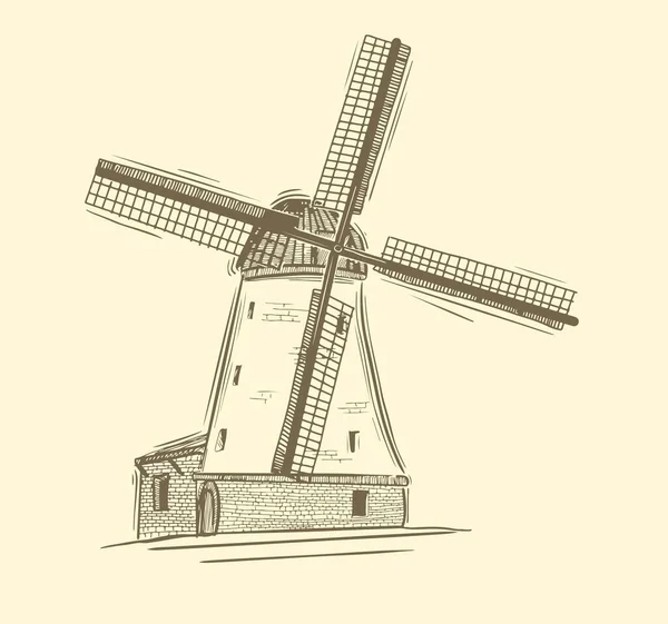 Still life with bread and windmill.Old wooden windmill, sketch. Agriculture, farming, bakery logo or label. Vintage vector illustration — ストックベクタ