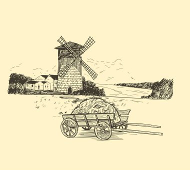 Old windmill isolated. Windmill. Hand drawn vintage sketch vector illustration