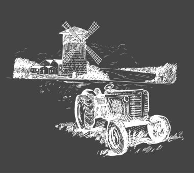 Old windmill isolated. Windmill. Hand drawn vintage sketch vector illustration