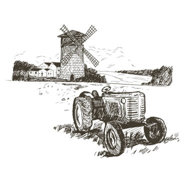 Windmill. Hand drawn vintage sketch vector Bakery concept.