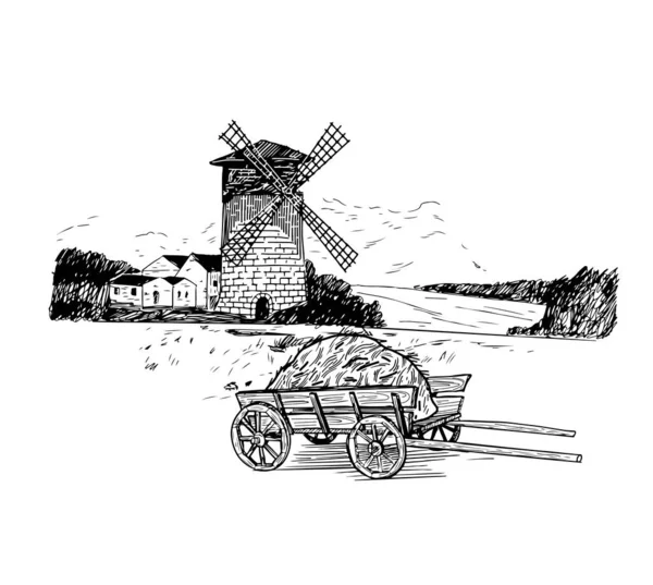 Sada ručně kreslených ilustrací větrných mlýnů a mouky. náčrty pro design kaváren, restaurací, potravinových balíčků. sbírka chleba — Stockový vektor
