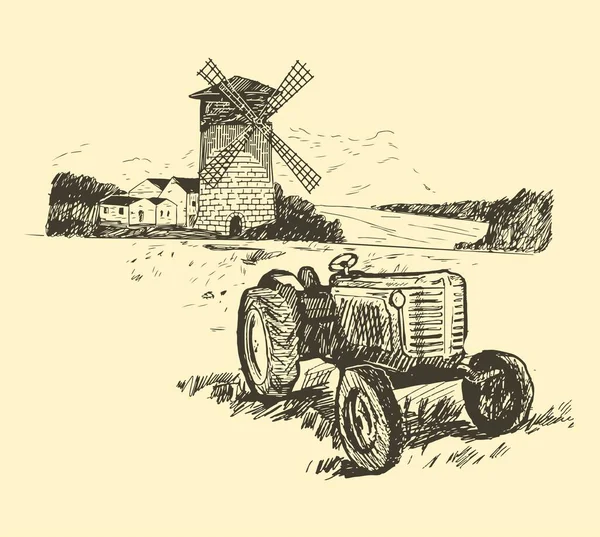 Větrný mlýn. Ručně kreslený ročník skica vektor pekařství koncept. — Stockový vektor