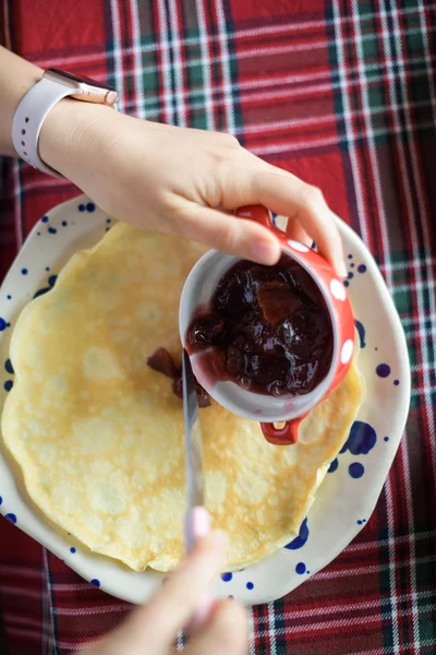 Woman Spreading Jam French Pancakes Hands Shown Crepes Jam — Stock Photo, Image