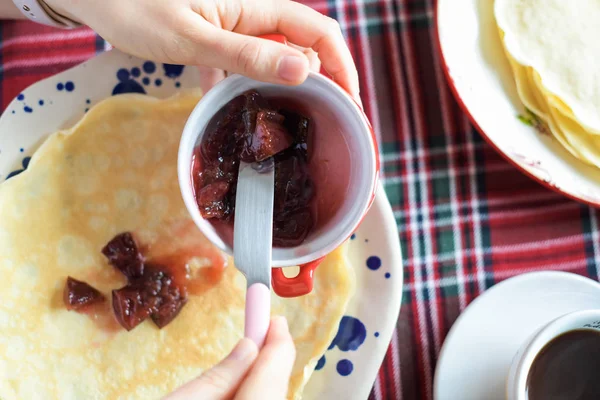 Woman Spreading Jam French Pancakes Hands Shown Crepes Jam — Stock Photo, Image