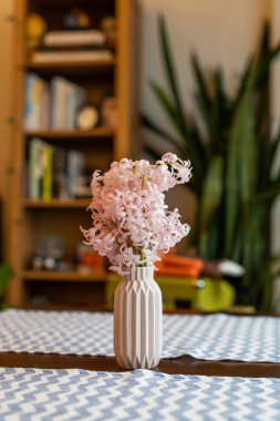 Küçük pembe vazo içinde pembe sümbül çiçeği