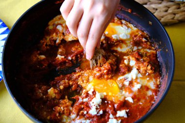 Shakshuka kızartma tavasında. Baharatlı domates soslu haşlanmış yumurta..