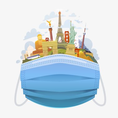 Covid-19 ve seyahat endüstrisi. Dünya 'ya seyahat. Yolculuk. Turizm. Tarihi işaretli tıbbi maske. Gezici illüstrasyon. Modern düz tasarım.