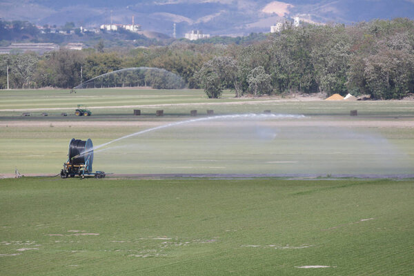 Tractors and irrigation systems work in sync, showcasing the power of modern farming, technology in the field, and the importance of sustainable food production for the future.