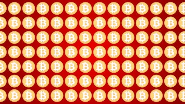 Bitcoin criptomoneda rojo fondo monedas patrón tráfico horisontal — Vídeo de stock