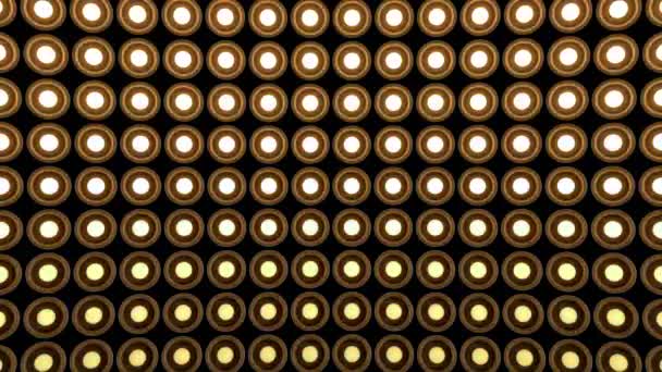 Luces intermitentes pared redonda bombillas patrón estático horizontal etapa madera fondo vj bucle — Vídeo de stock