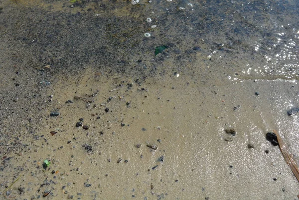 Sarı Nehir Kum Siyah Küçük Taşlar Dinyeper Nehri Dalgası — Stok fotoğraf