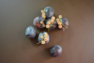 Taze erik sökük ve kahverengi mat arka plan üzerinde beyaz frenk üzümü, demet