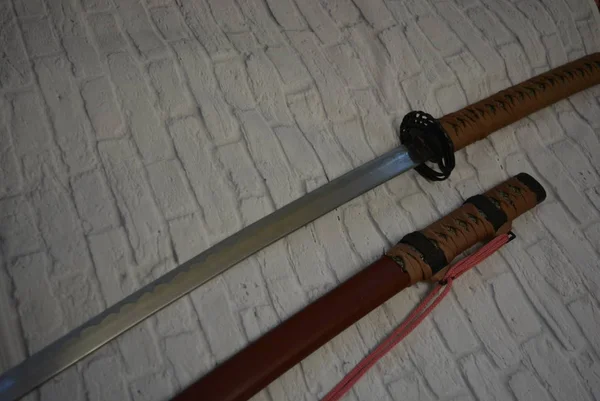 Hermosa Katana Japonesa Decorativa Para Aikido Armas Deportivas Katana Afilada — Foto de Stock