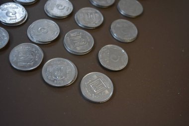 Metal önemsememek para kahverengi bir arka plan, Ukraynalı hryvnia ve bir kuruş, bankacilik, hazine ve nakit ödemeleri, banka tasarruf