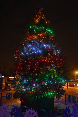Beautiful Christmas tree, natural pine with red, blue, green and yellow LED bulbs, beautiful balls, toys. New Year's holidays, Christmas and New Year