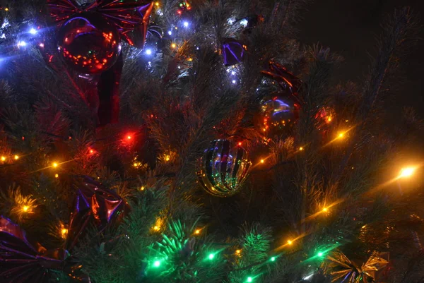 Beautiful Christmas Tree Natural Pine Red Blue Green Yellow Led — Zdjęcie stockowe