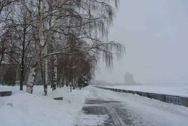 Passeio Bonito Inverno Com Bétulas Árvores Neve Branca Embankment Longo — Fotografia de Stock