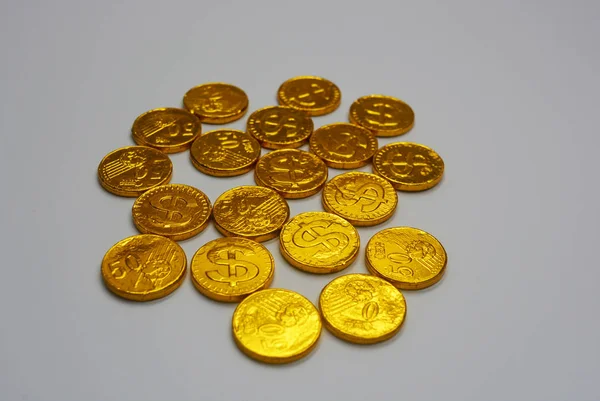 Die Süßen Pralinen Sind Form Von Goldmünzen Goldcent Mit Einem — Stockfoto