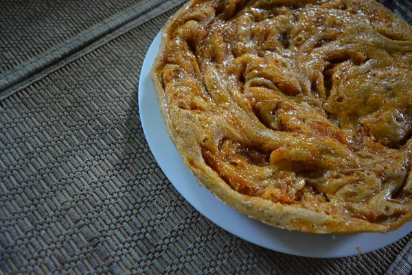 Delicious Homemade Banana Biscuit Cake Apricot Jam White Plate — Stock Photo, Image